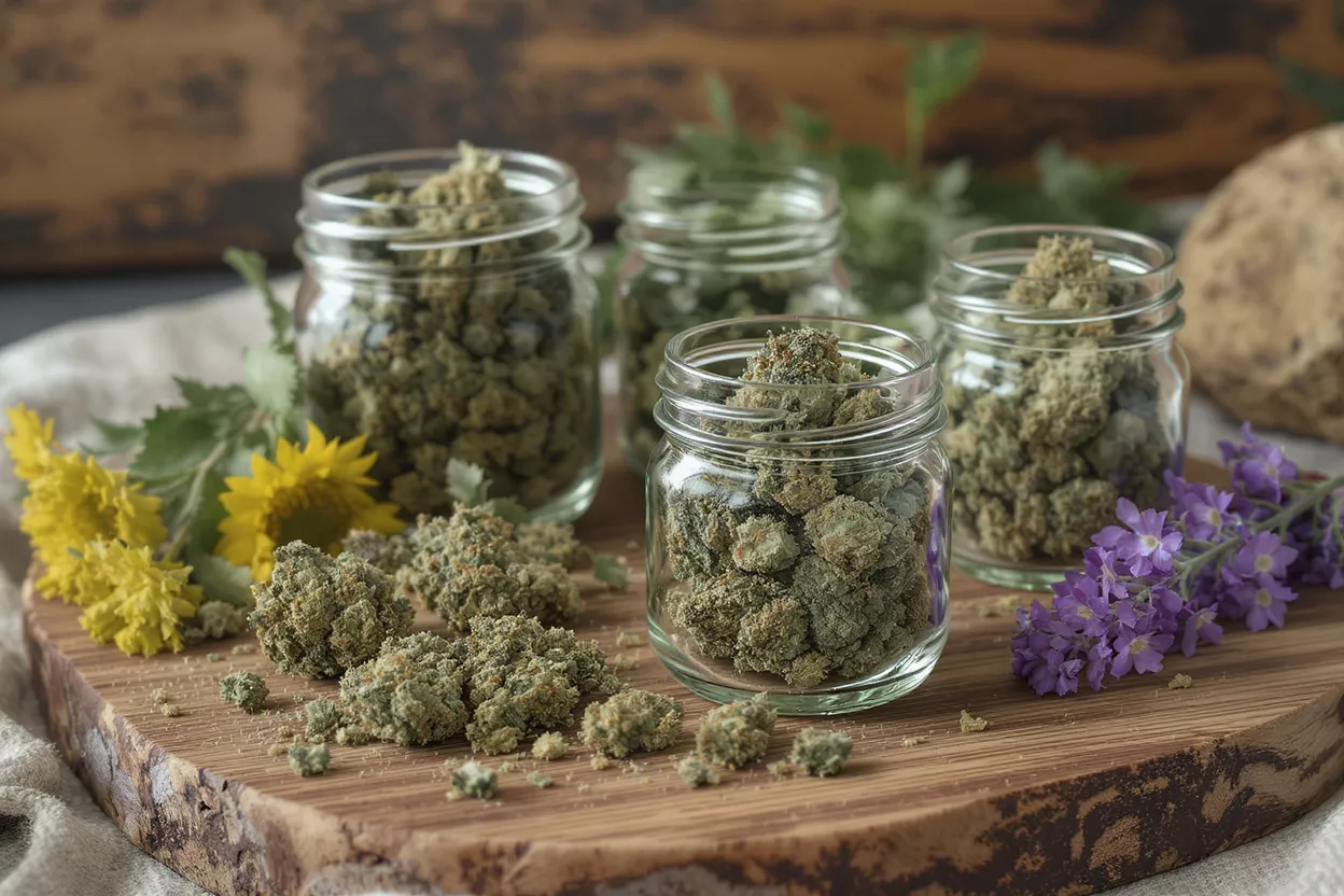 Cannabis buds in glass jars and scattered on a wooden board with flowers.