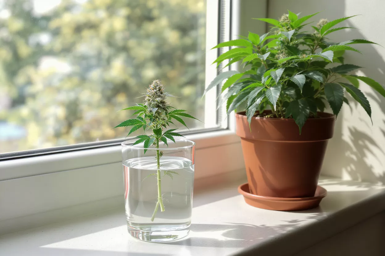 Cannabis plant in glass of water and potted plant on sunlit windowsill.