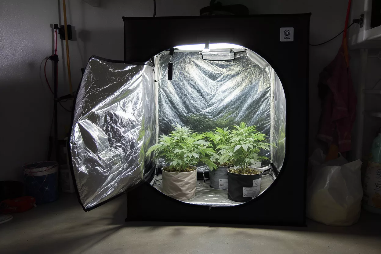 Three small green plants thriving inside an illuminated indoor grow tent.