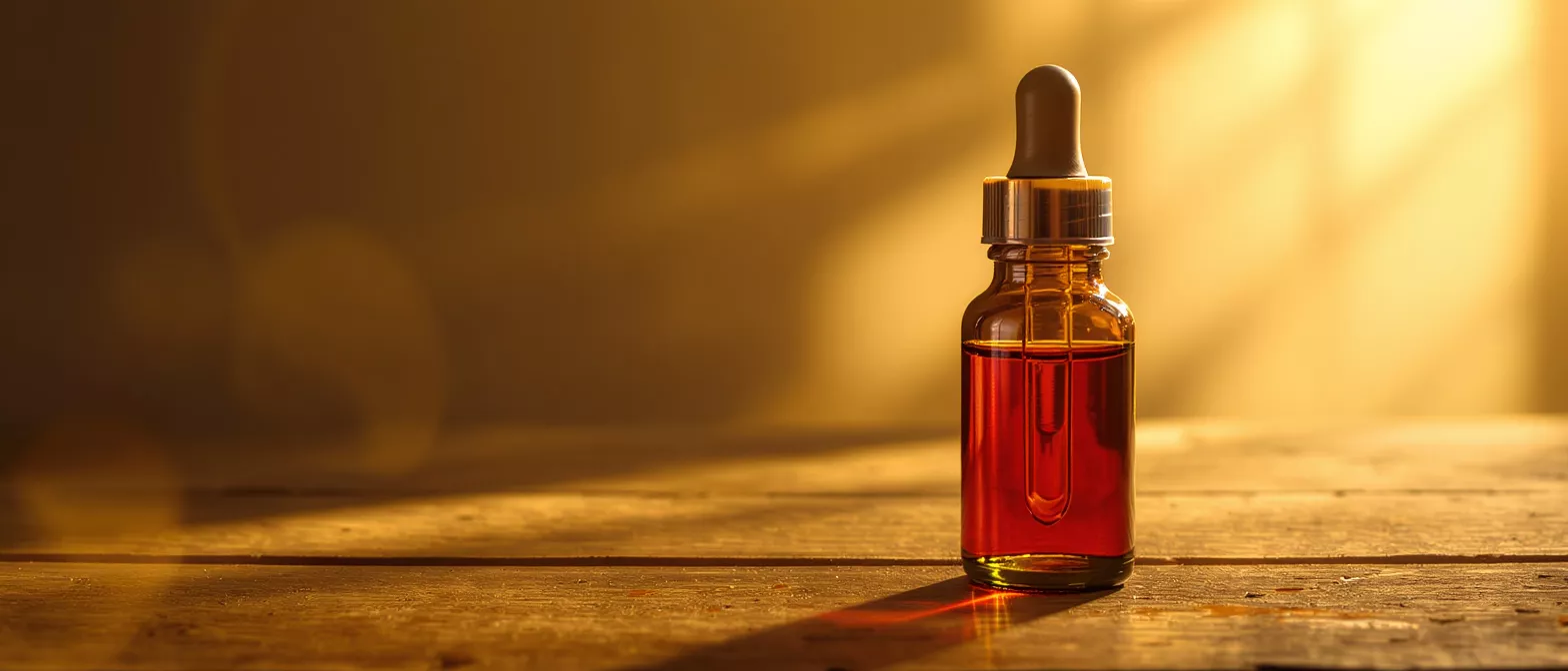 Amber glass dropper bottle filled with reddish-brown oil on a rustic wooden table.