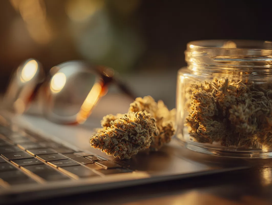 Cannabis buds on laptop keyboard with eyeglasses, emphasizing work-life balance.