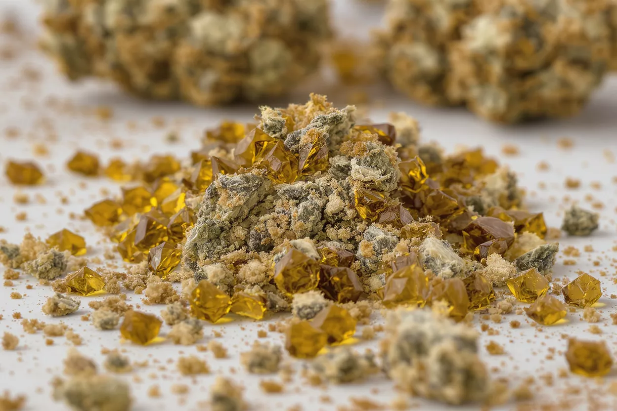 Matière végétale de cannabis et kief Gros plan de matière végétale de cannabis et de kief doré