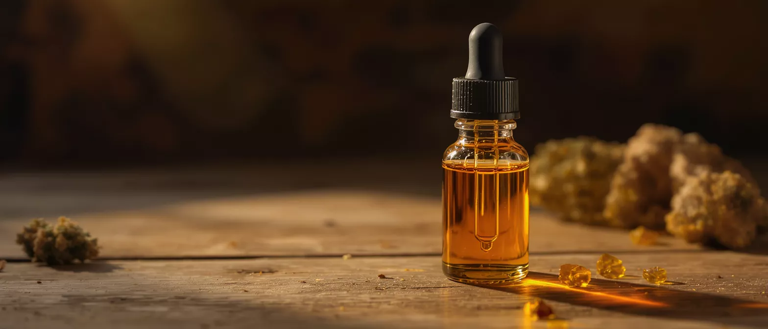 CBD oil dropper bottle on wood with cannabis buds and amber-colored resin.