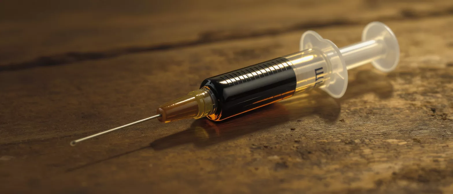 CBD Oil Syringe A syringe filled with dark amber CBD oil rests on a rustic wooden surface.