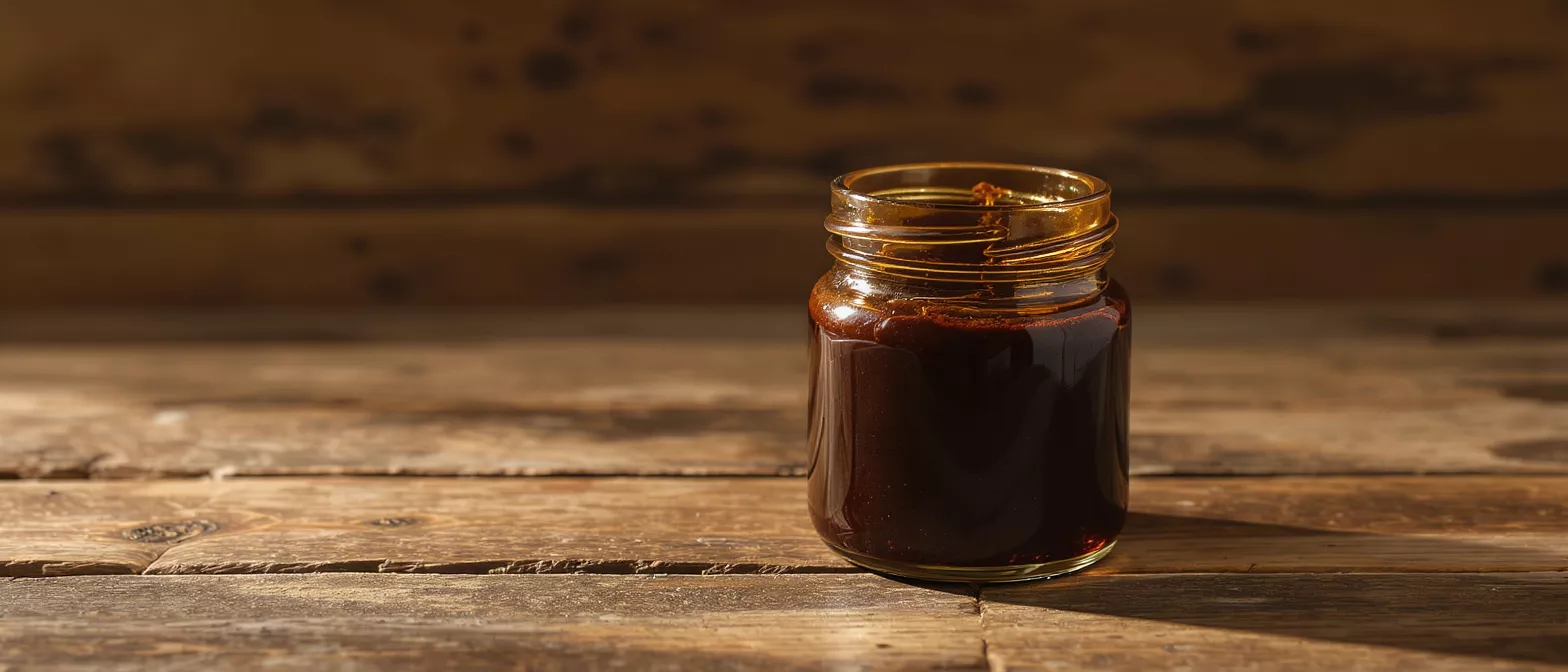 Dark Brown Sauce Jar A small glass jar filled with dark brown sauce sits on a rustic wooden table.