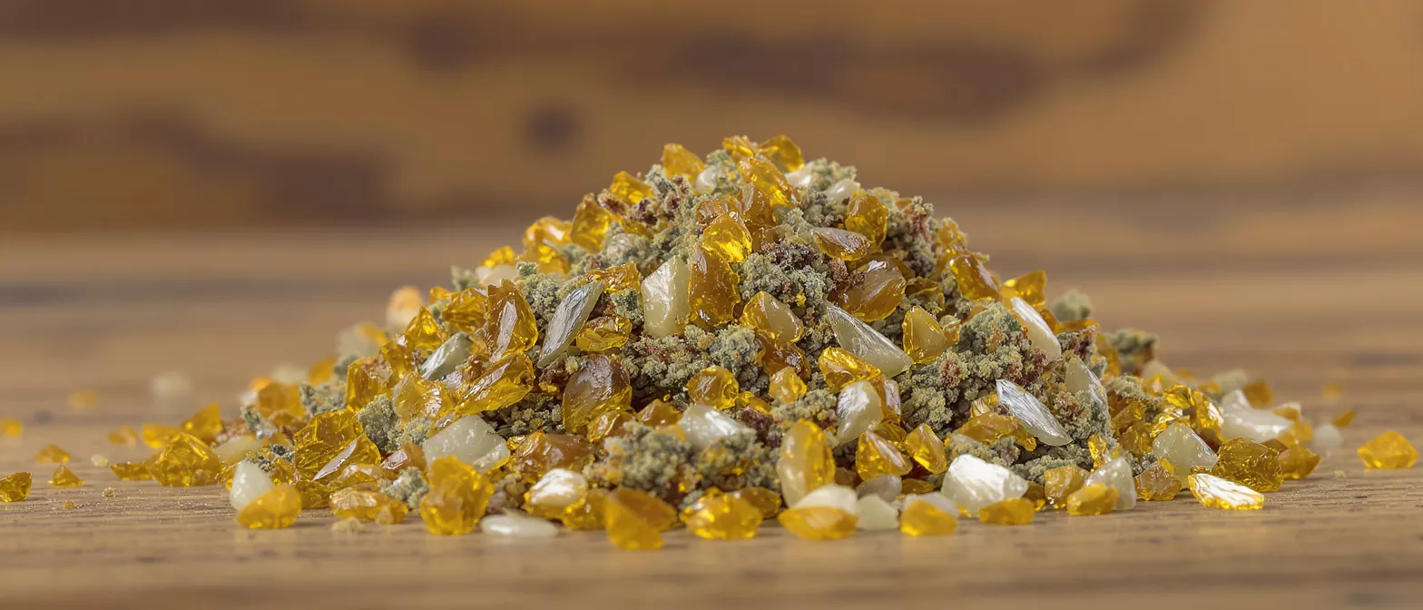 A pile of golden and clear crystal-like substances