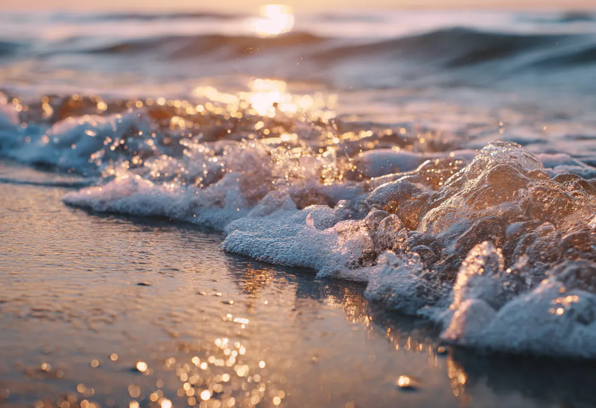 Gentle waves lapping at the shore during sunset