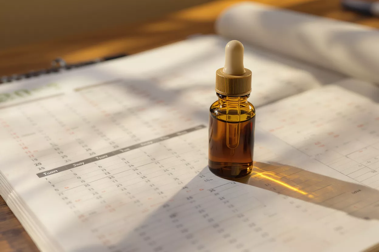 Amber dropper bottle on an open calendar page, natural light.