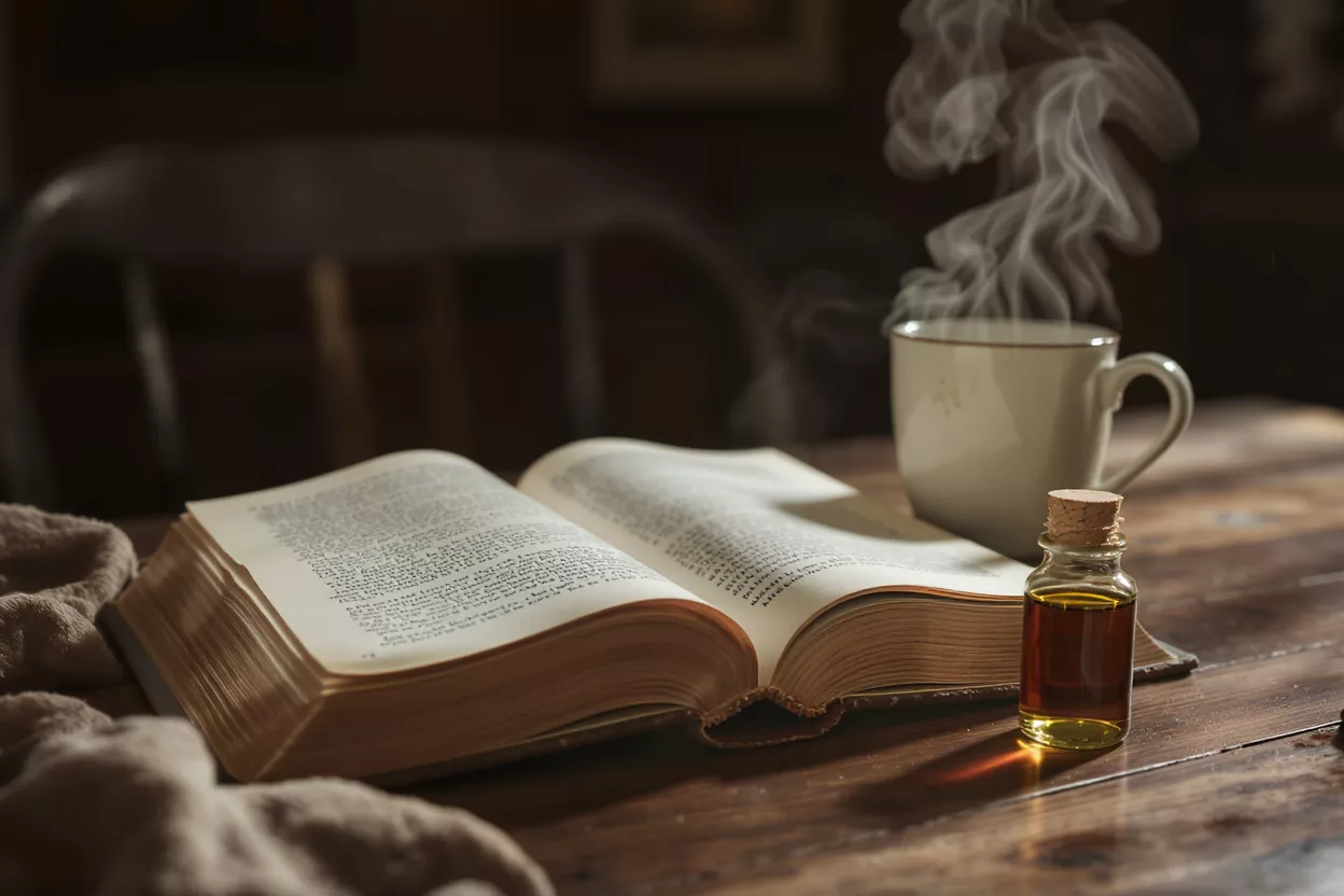 An open book, steaming coffee, and a small oil bottle on a rustic wooden table.