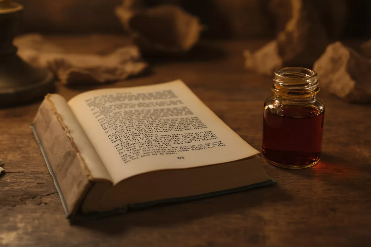 An open antique book and a small glass bottle of dark liquid on a wooden table.