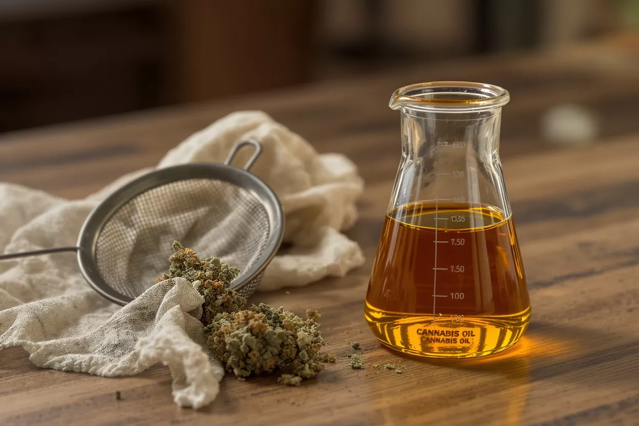 A beaker of cannabis oil next to dried cannabis flower and a strainer.