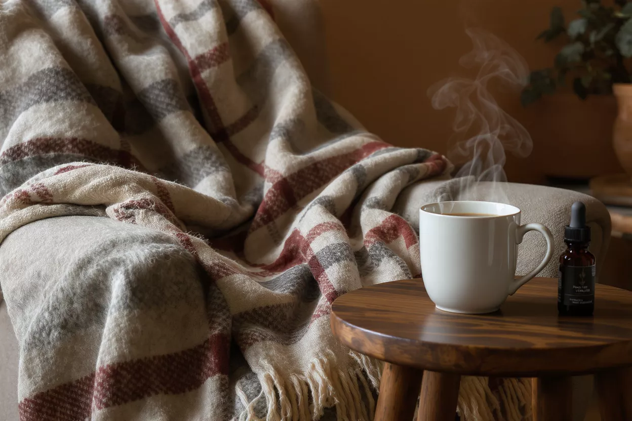 Warm plaid blanket, steaming coffee mug, and dropper bottle on a wooden stool.