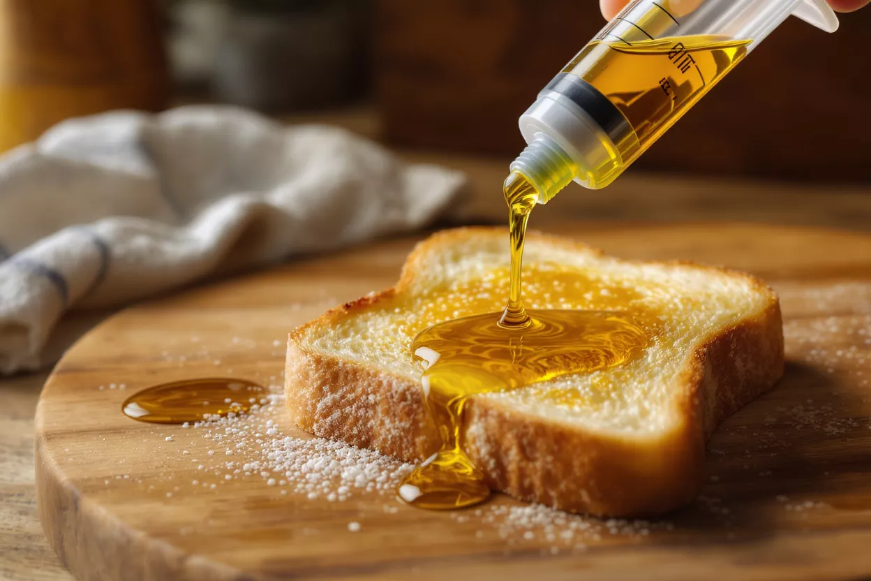 Golden honey being squeezed from a syringe onto a slice of toasted bread.