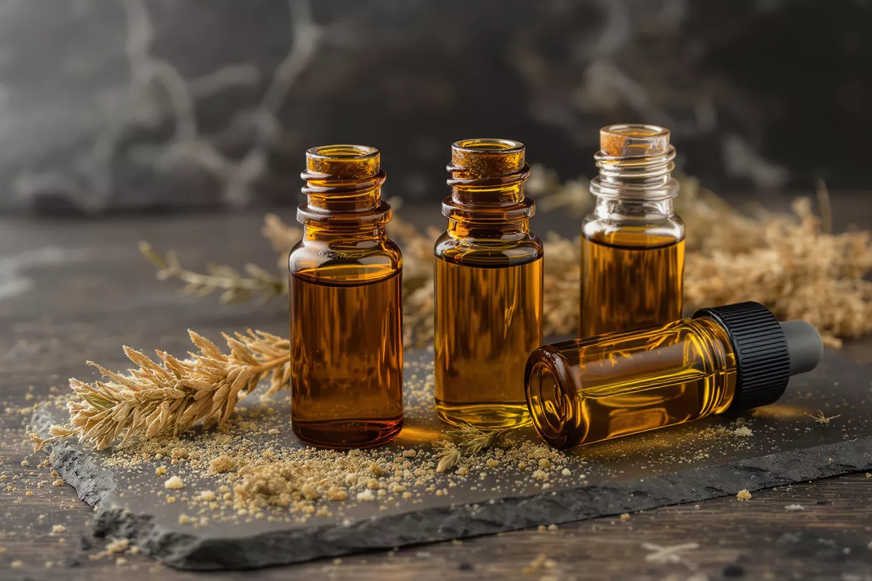 Four amber glass bottles of essential oil arranged on slate with dried wheat.
