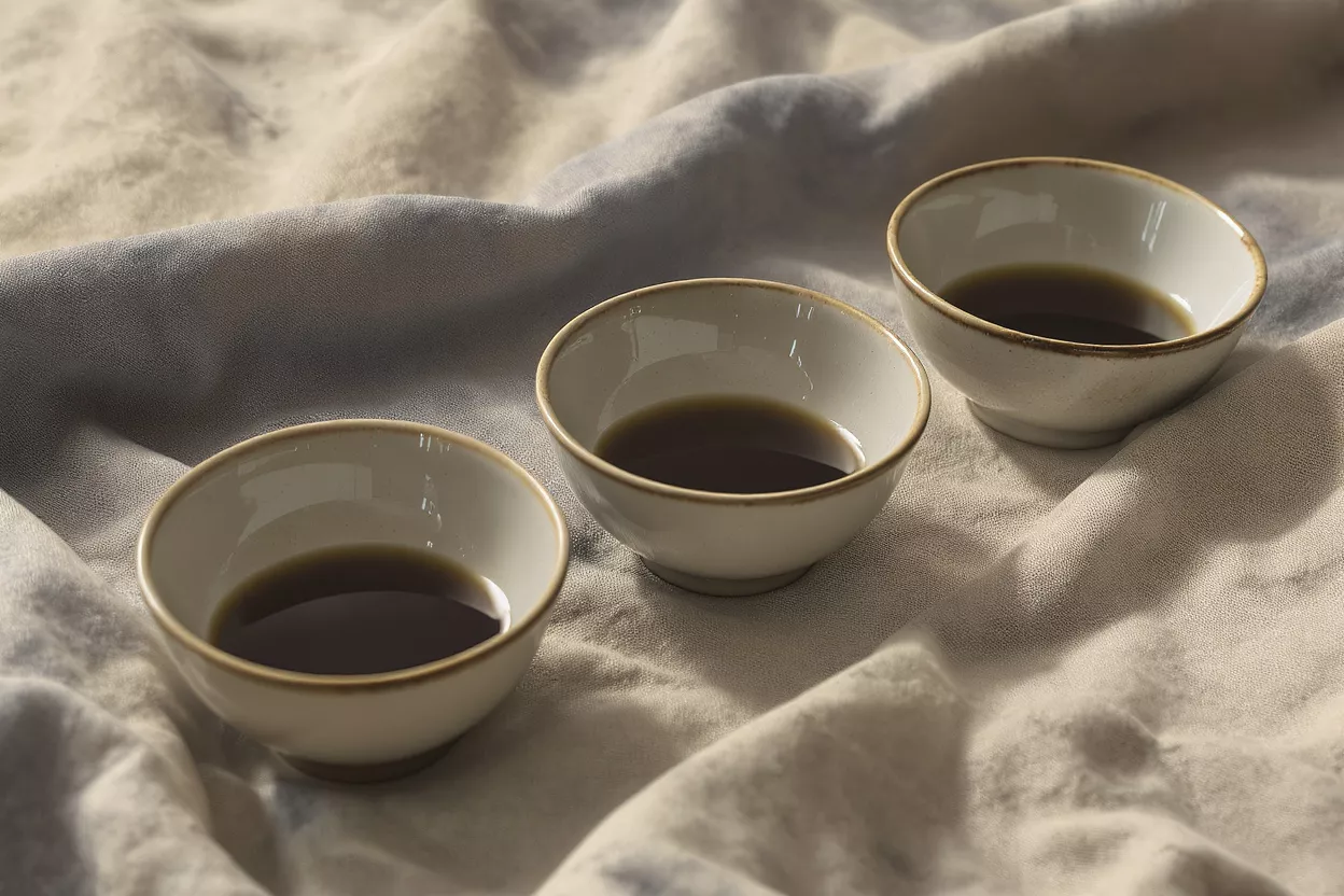 Three small white ceramic bowls with dark liquid on a textured fabric surface.