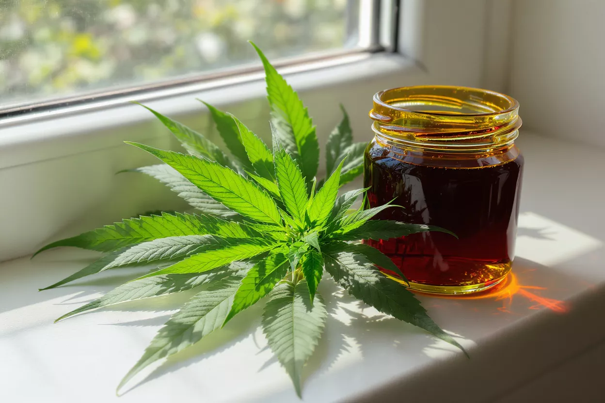 Bright green cannabis plant and amber oil jar on a sunlit windowsill.