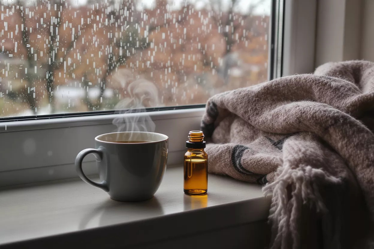 Steaming coffee, essential oil bottle, and blanket on a window sill during rain.