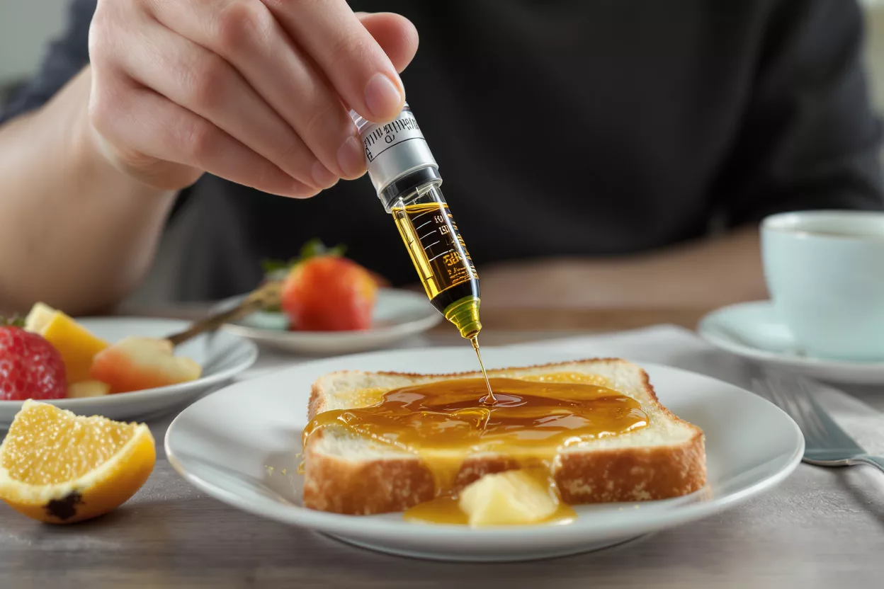A person's hand holds a syringe dispensing a golden liquid onto buttered toast.