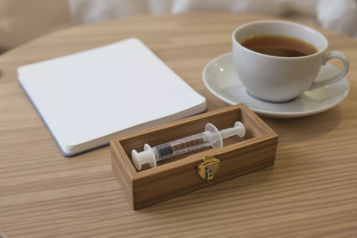 A syringe in a wooden box next to a notebook and cup of tea.