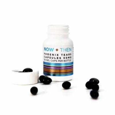 Phoenix Tears 50mg softgel capsules, 10ct bottle with scattered capsules on white background.