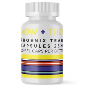 NOW + THEN Phoenix Tear Capsules 25mg bottle with colorful label.