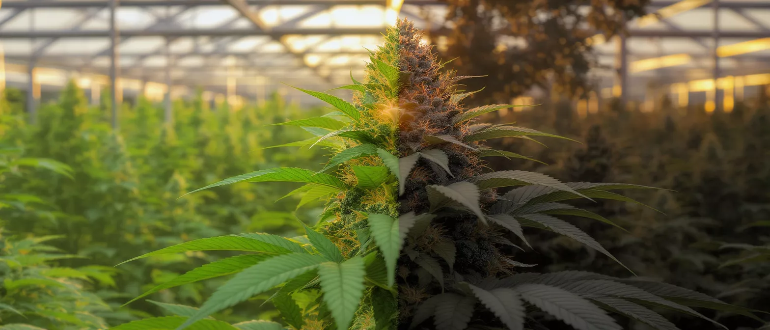 Close-up of a vibrant cannabis plant in a greenhouse with sunset lighting.