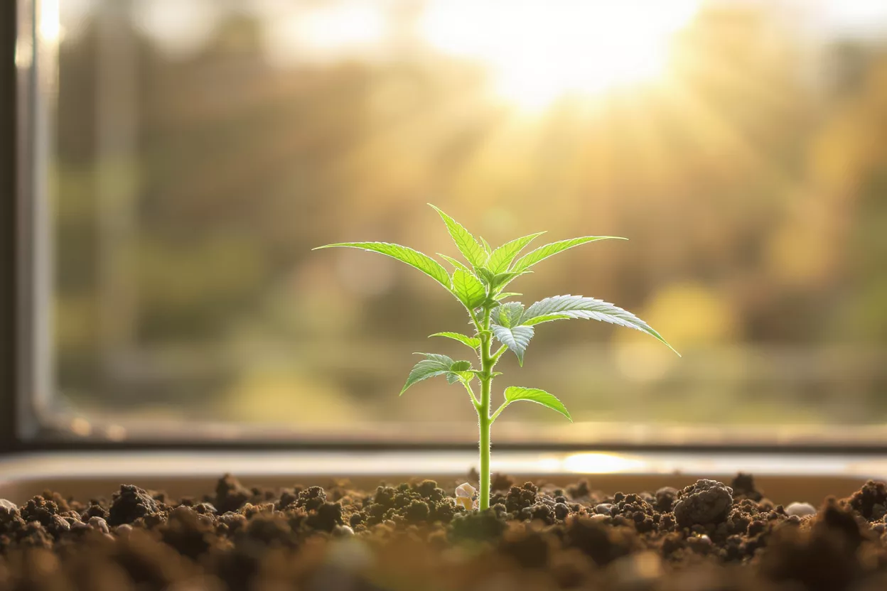 A small green plant emerging from soil with sunlight