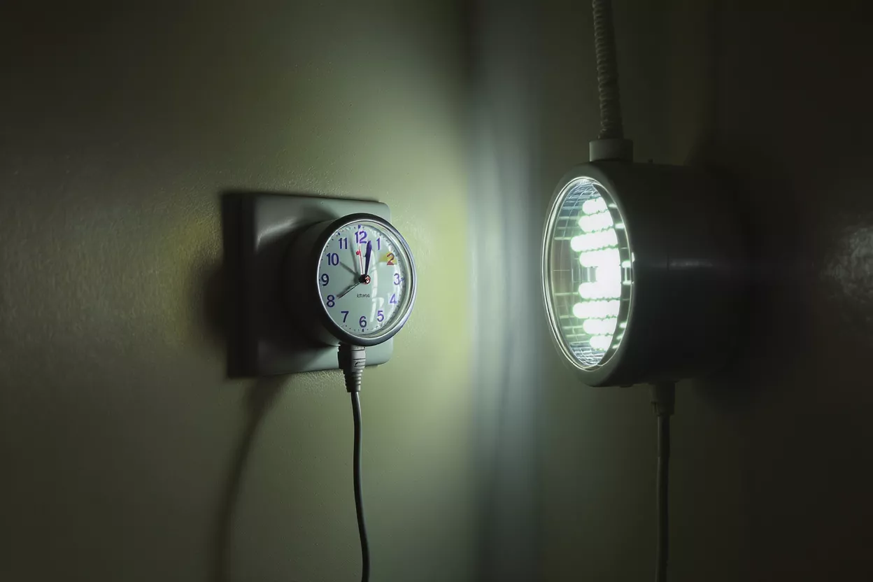 A wall clock and a round light fixture on the wall