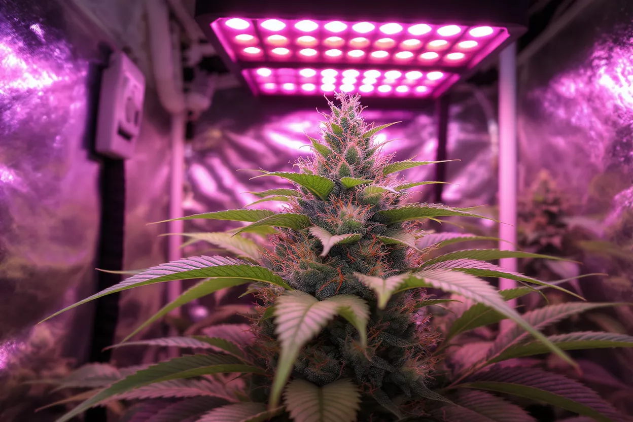 Close-up of cannabis plant under LED lights