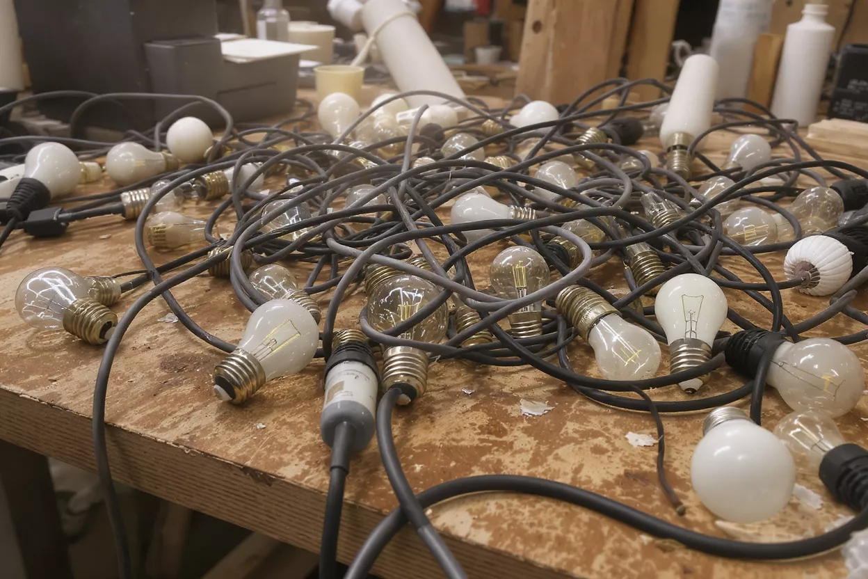 A messy arrangement of light bulbs and cables on a table