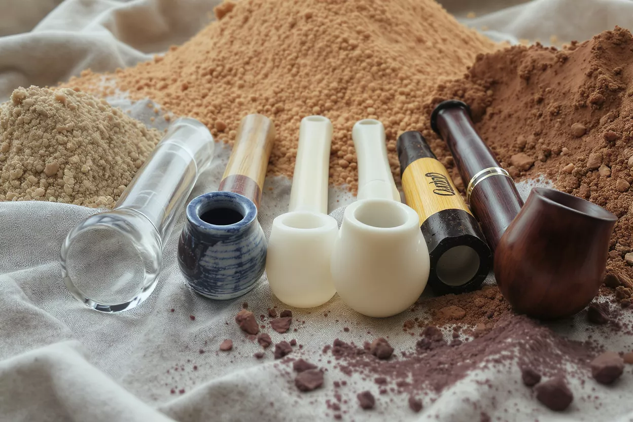 A collection of snuff pipes in various materials and colors with different powders.