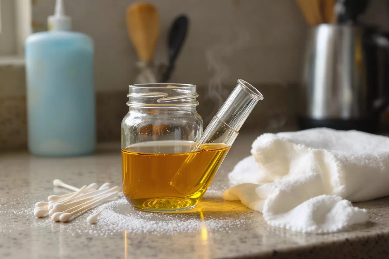 DIY ear cleaning solution with oil, test tube, cotton swabs, and white towel.