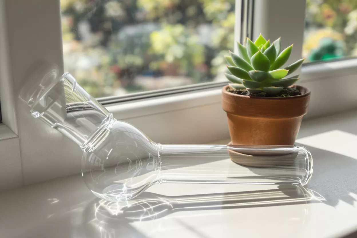 Clear glass bong next to a potted succulent on a sunlit windowsill.