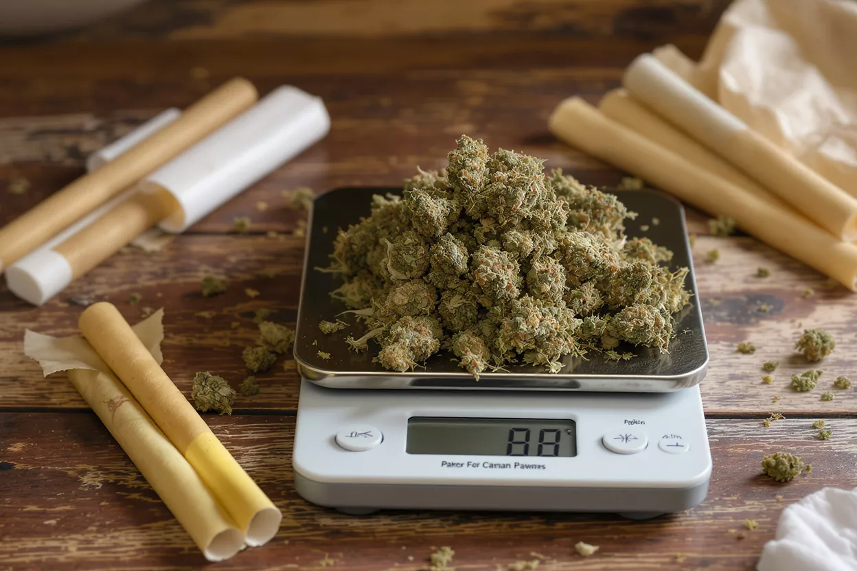 Scale displaying cannabis buds with rolling papers