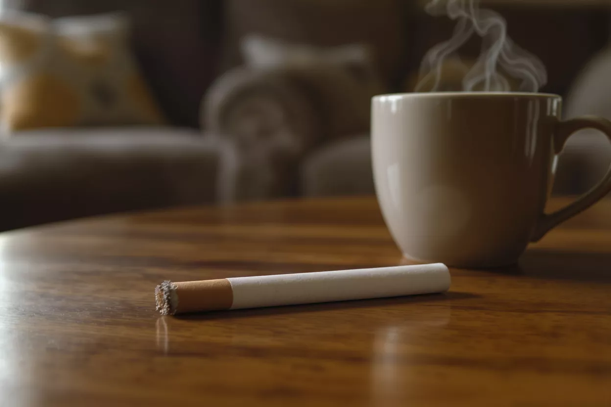 A cigarette next to a steaming cup of coffee