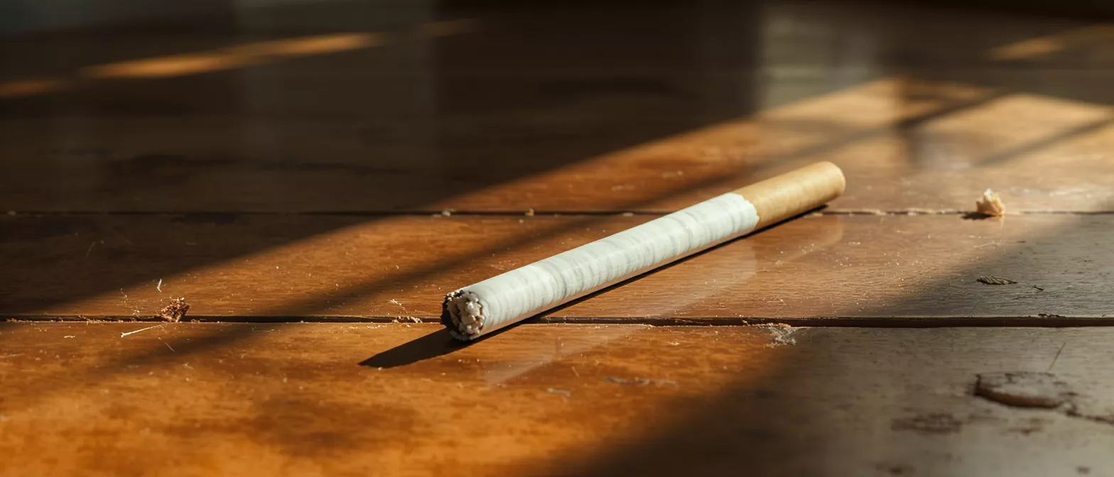 A cylindrical object rests on a wooden floor