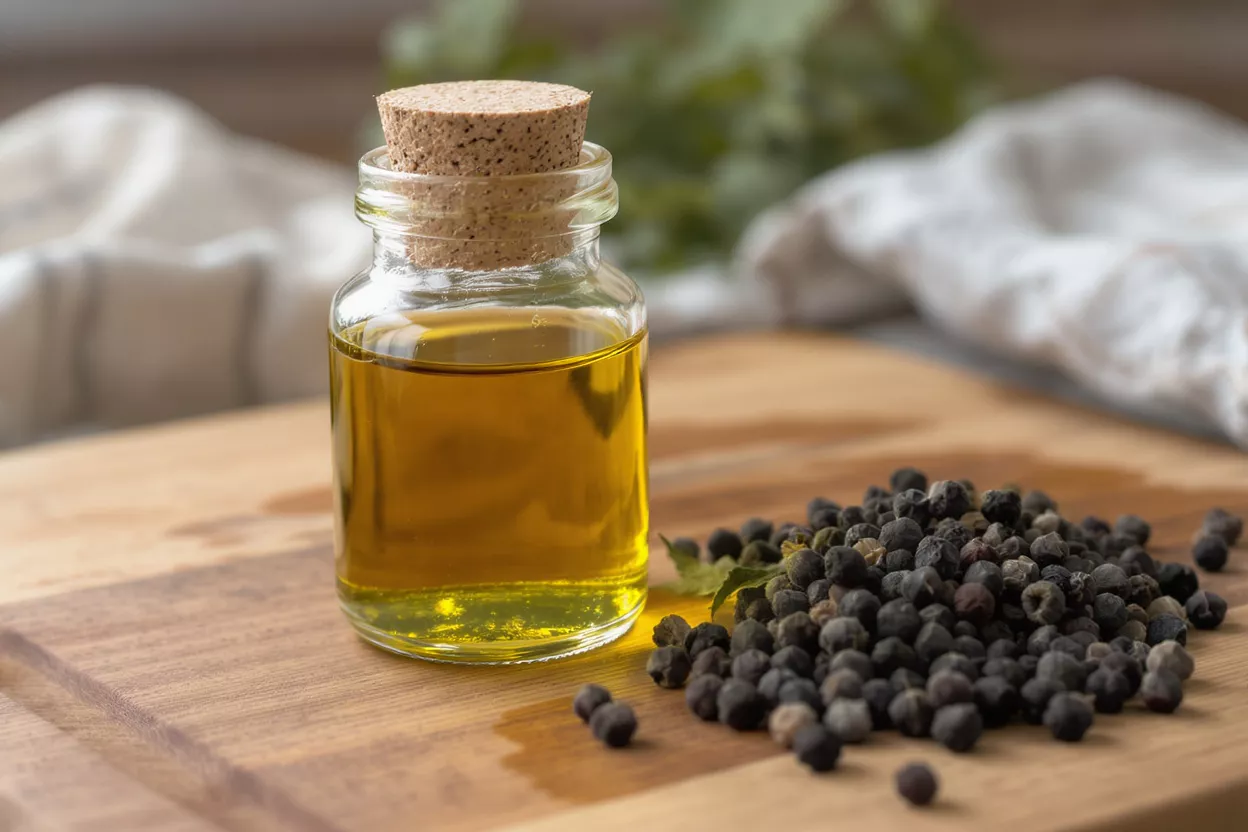 A small bottle of golden oil with a cork stopper next to a pile of black peppercorns.