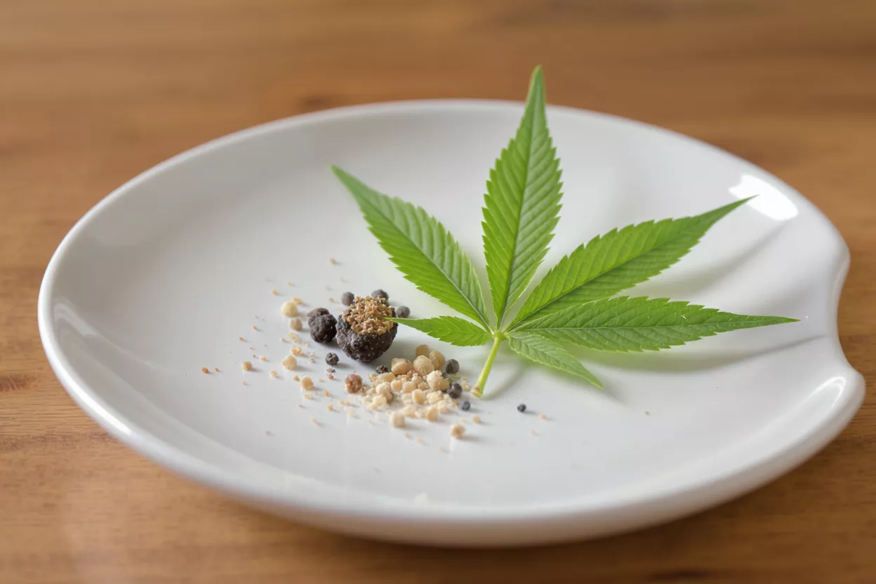 A fresh green cannabis leaf on a white plate with various small ingredients.