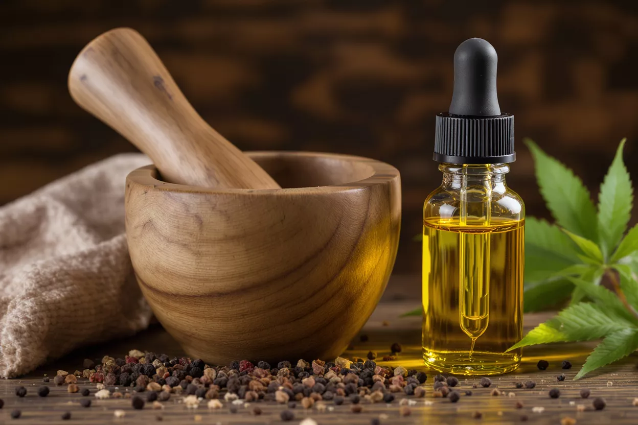 A dropper bottle of yellow oil, wooden mortar and pestle, spices, and green leaves.