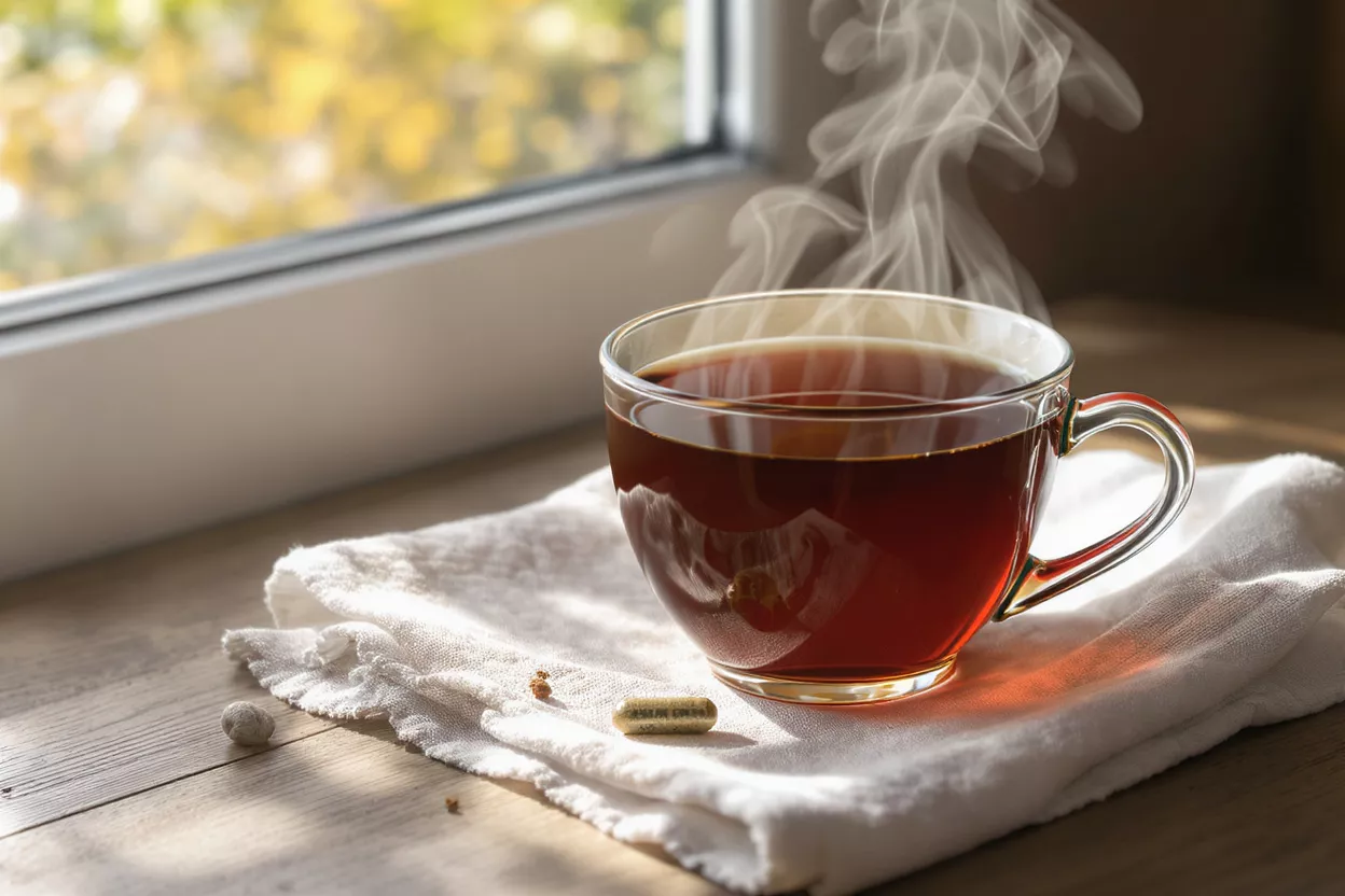 Steaming cup of tea, supplement capsule, and white cloth by a sunlit window.