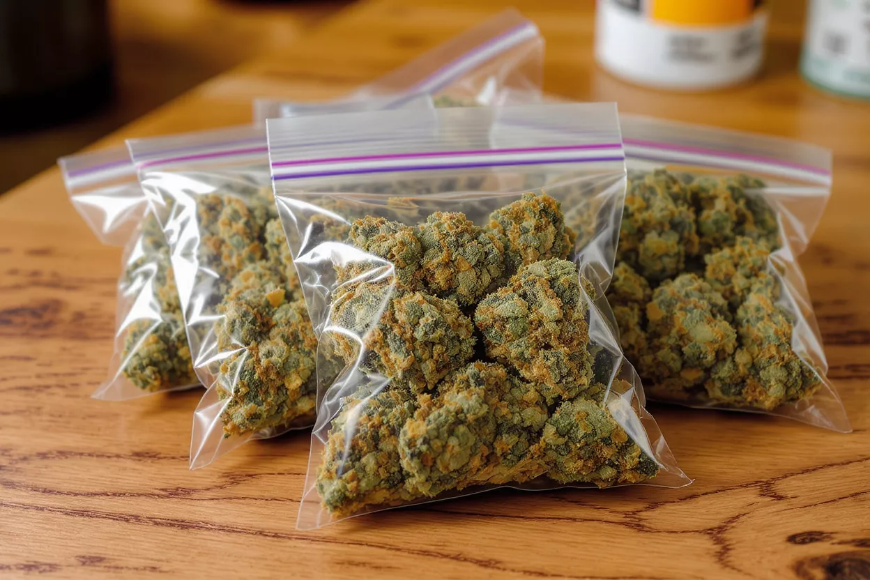 Cannabis Buds in Ziploc Bags Three clear plastic Ziploc bags filled with green and orange cannabis buds on a wooden table.