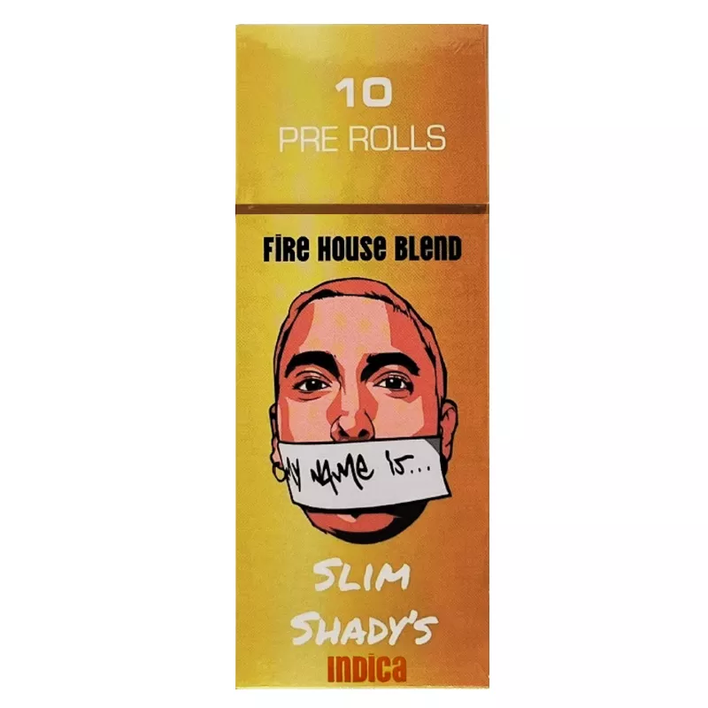 Pre-rolls package with vibrant orange design, featuring Fire House Blend and Slim Shadys branding.