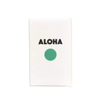 Aloha greeting card with bold text and green circle, symbolizing Hawaiian culture.