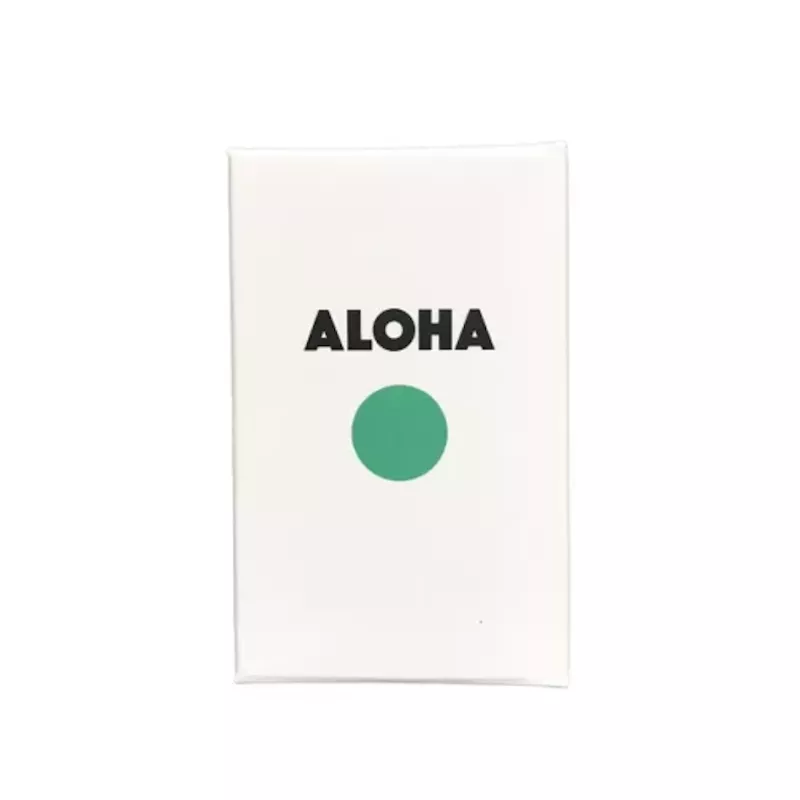 Aloha greeting card with bold text and green circle, symbolizing Hawaiian culture.