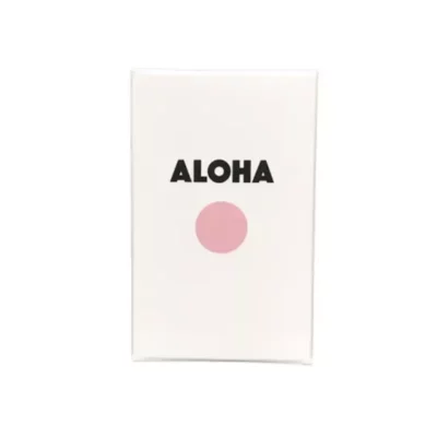 Aloha greeting card with black text and pink circle, Hawaiian-inspired design.