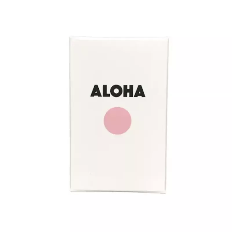 Aloha greeting card with black text and pink circle, Hawaiian-inspired design.