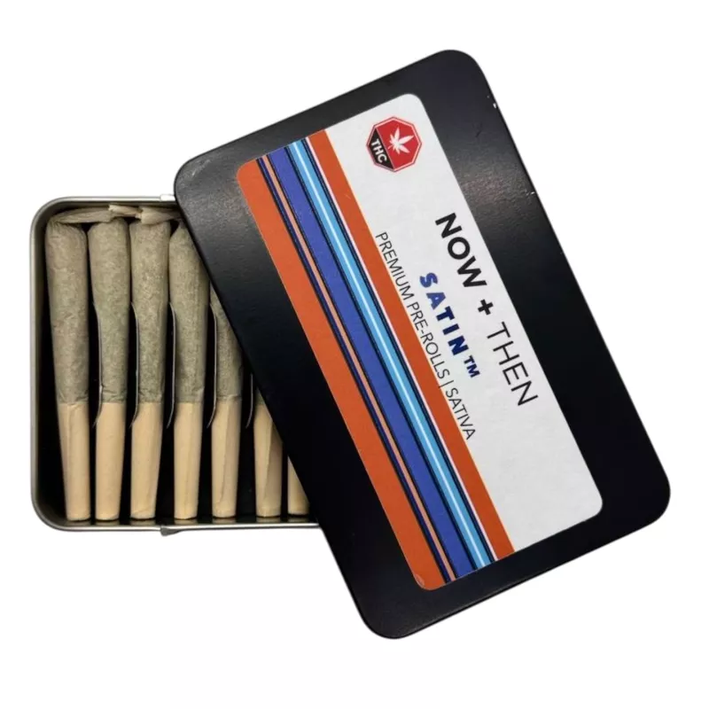Premium cannabis pre-rolls showcased in a sleek metal tin with stylish labeling.