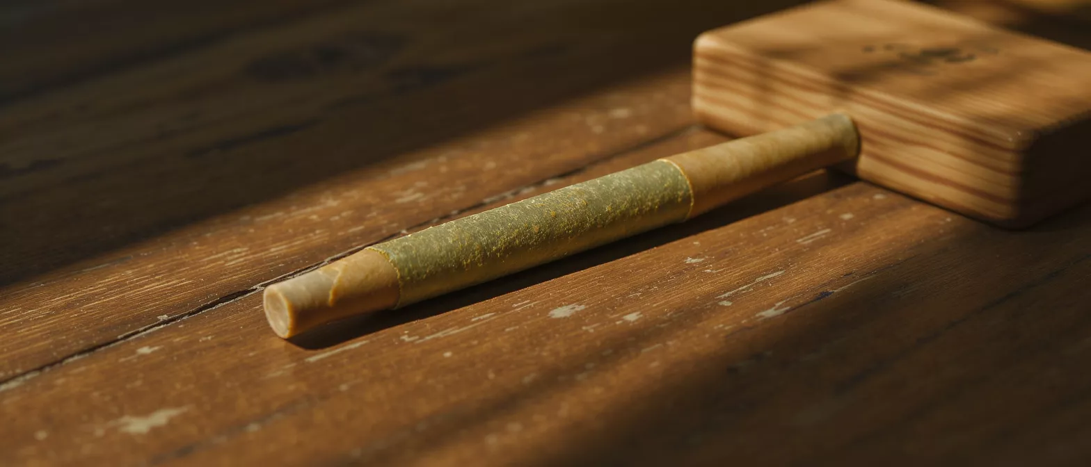 A rolled cigarette resting on a wooden surface