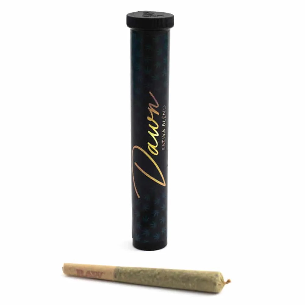 Dawn Sativa Blend premium cannabis pre-roll in black and green container.