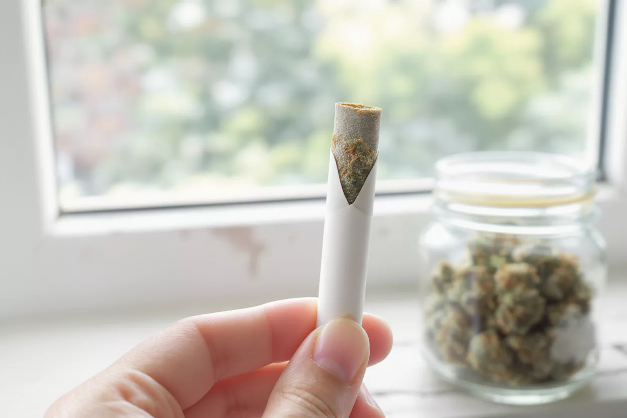 A hand holding a joint with a jar of cannabis in background